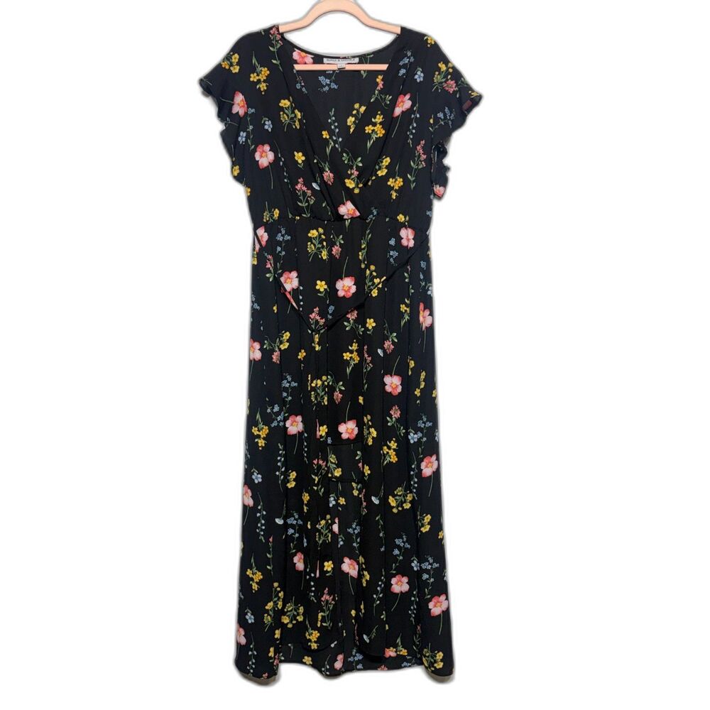 Emma & Michele Floral Maxi Dress Women L Black Faux Wrap High Low Flutter Sleeve